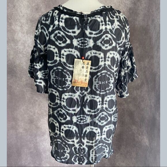 NWT Da-Nang Black & White Tie Dye Embroidered Silk Blouse - Picture 2 of 12